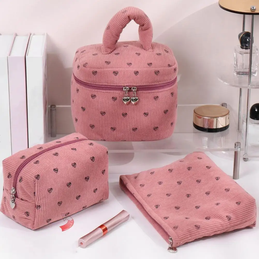 Bag Travel Makeup Organizer Corduroy Makeup Bag with Heart Pattern Portable Travel Cosmetic Pouch Zipper Toiletry for Women