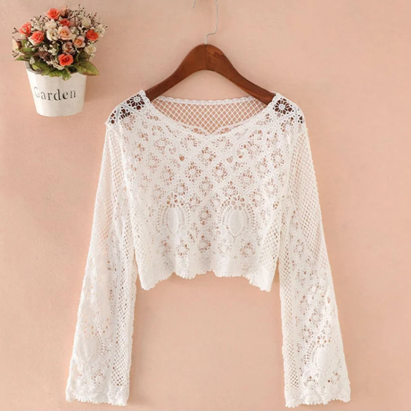 Bohemian Retro Crocheted Hollow-Out Long-Sleeved Blouse Fashionable All-Match Outer Wear Short Top Women'S Holiday Shirt Trendy