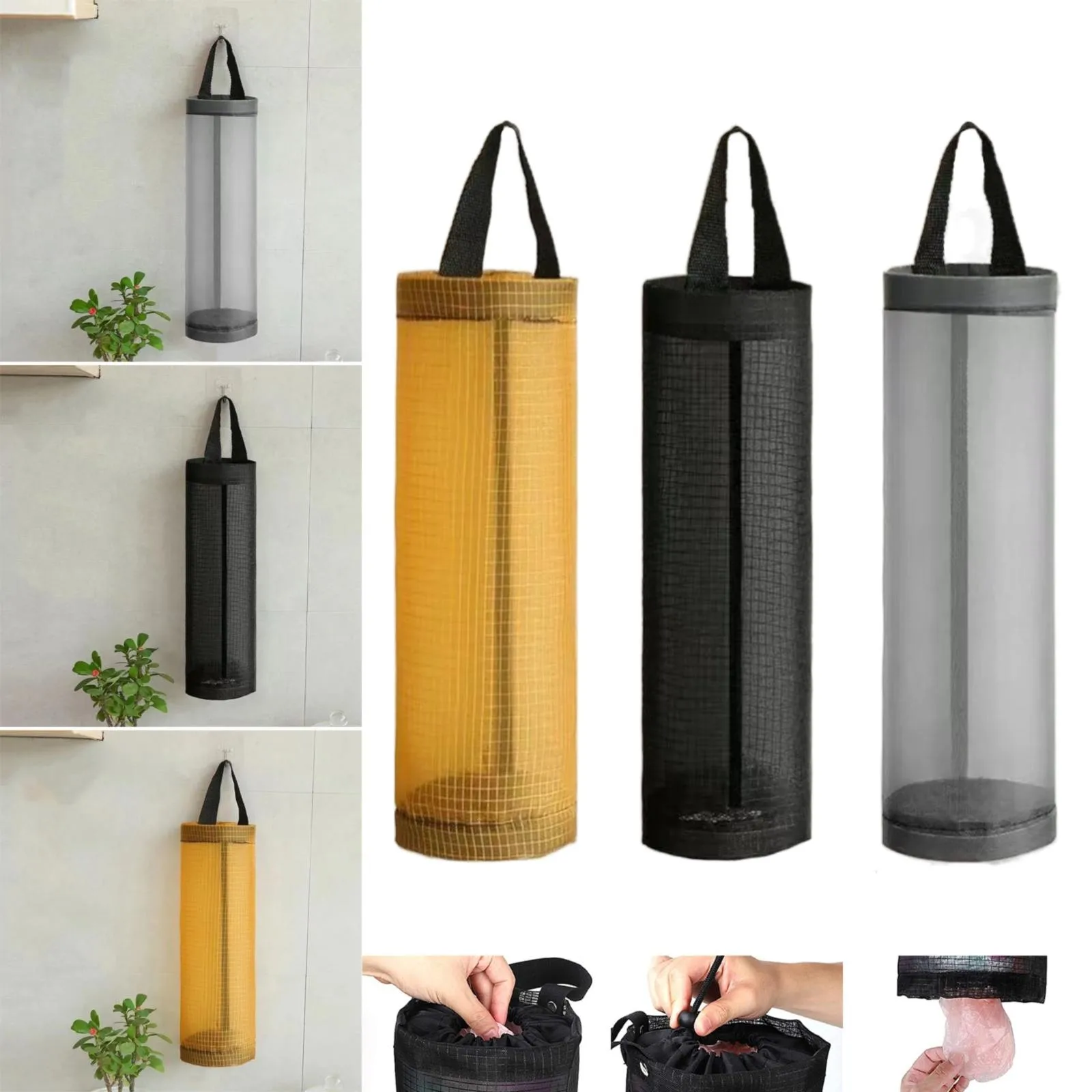 Home Grocery Bag Holder Wall Hanger Mesh Storage Pouch Holder Trash Garbage Bags Dispenser Storage Bag Kitchen Organizer