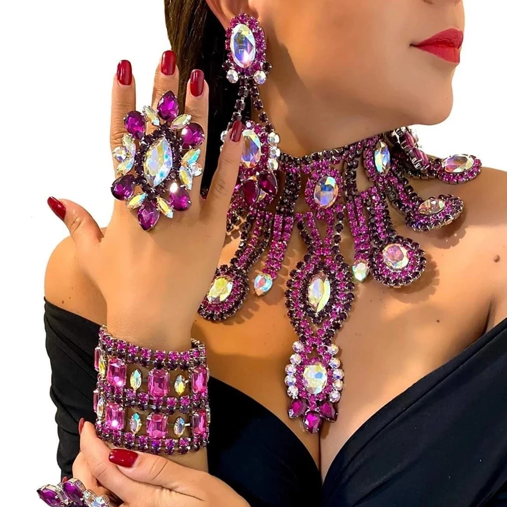 Stonefans Purple Crystal Necklace Earrings Bracelet Rings Set Wedding Women Exaggerate Decoration Bridal Jewelry Sets Party Gift