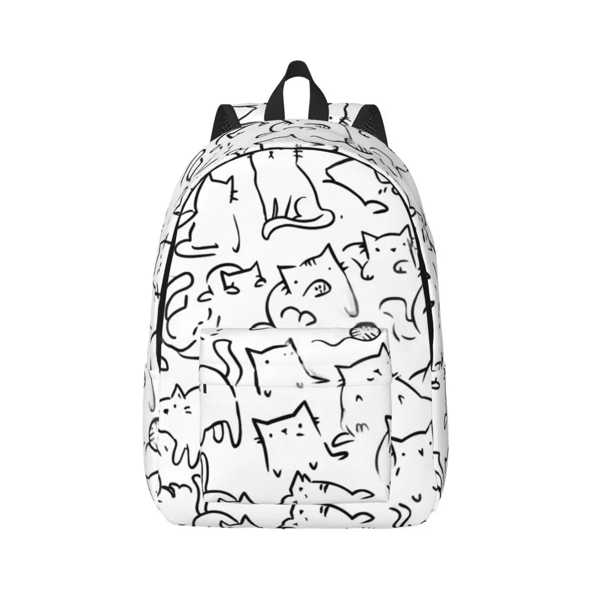 Cute Animal Print Backpack Allover Cat Doodle Whimsical Sketch Pure White Ink Black Streetwear Bookbag for Teens College Travel