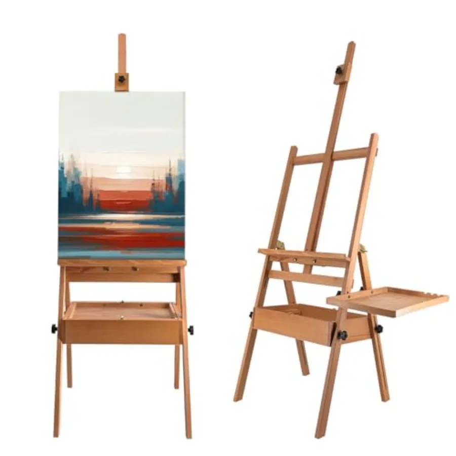 

Large Solid Beech Wood Painting Easel with Storage Drawer and Palette 60"~75" H H-Frame Foldable Wooden Easel Stand with Signat