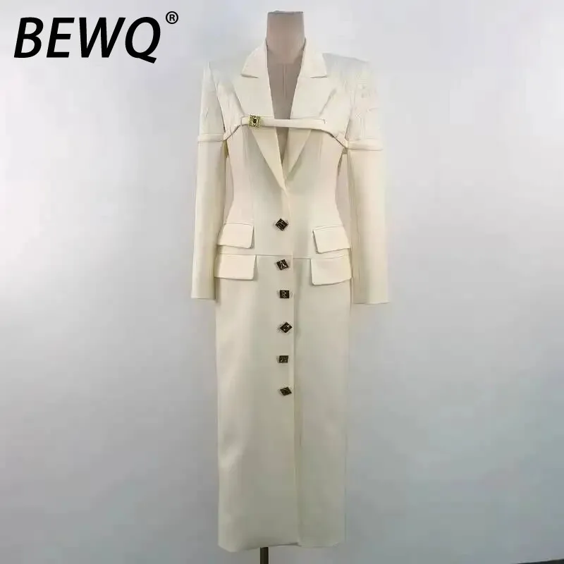 

BEWQ Single Women's Elegant Dress Notched Collar Breasted Waist Fashion Patchwork Evening Party Dress 2025 Autumn New