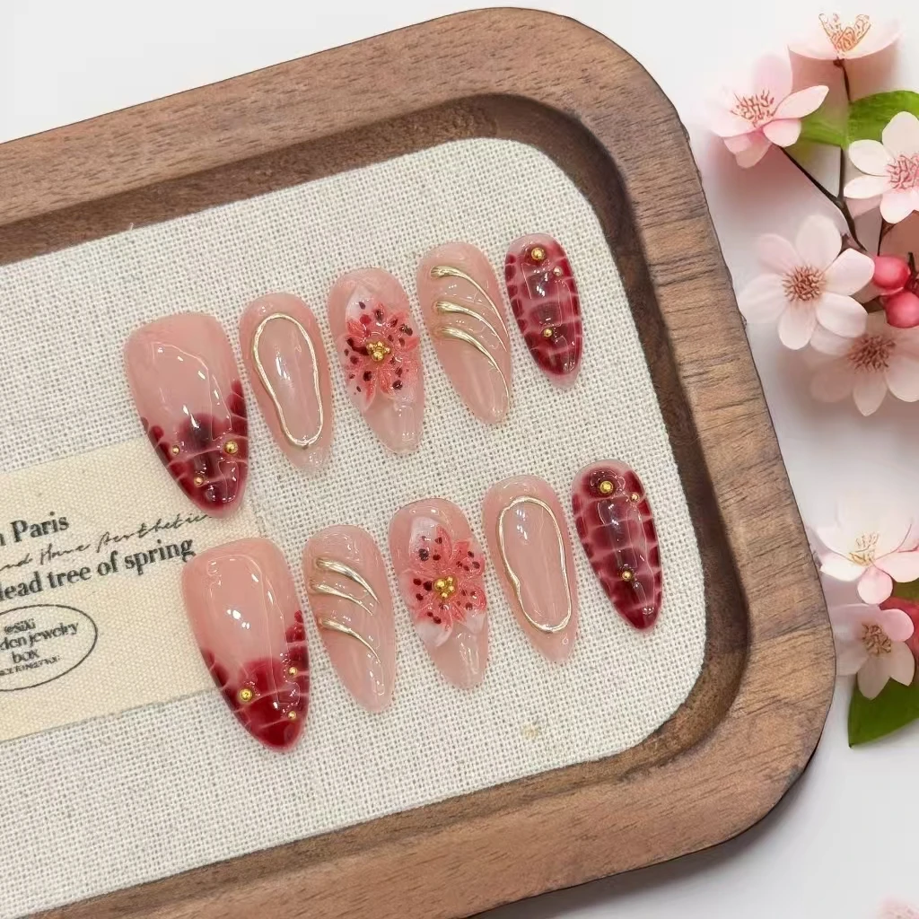 10pcs【Demon Flower】Cross-Border French Leopard 3D Carved Almond Handmade Press-On Nails With 4-PIECE Tools  Nail Adhesive Tabs