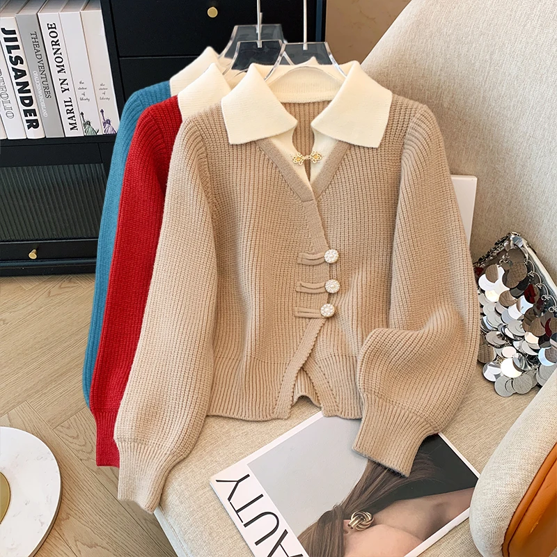 New 2024Autumn Winter Design Splicing Slim Women Knitted Cardigan Sweater Jacket Fashion Fake Two Items Loose Ladies Top