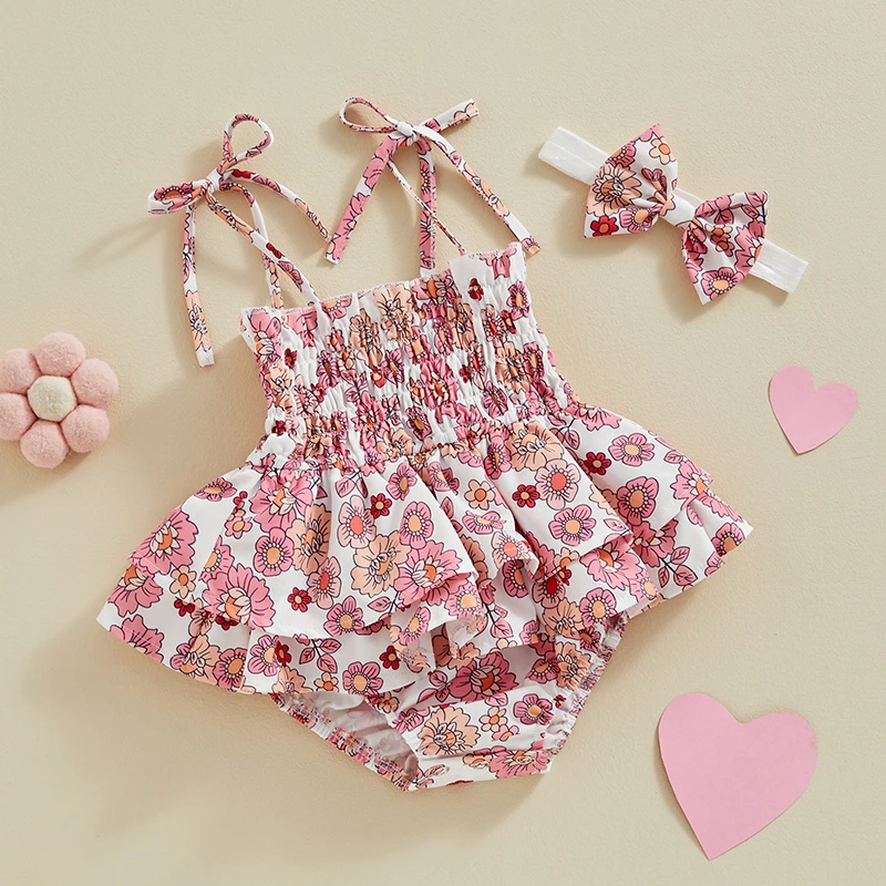 

Newborn Girl Outfit Tie-up Flower Print Sleeveless Romper Dress with Bowknot Hairband Summer Clothes