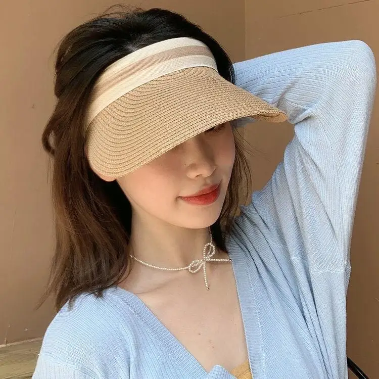 Empty Top Straw Hat Travel Sunshade Sun Hat Cap Trendy Superlite Beach Foldable Roll Up Cap Cruise Wear Visor Cap For Womens