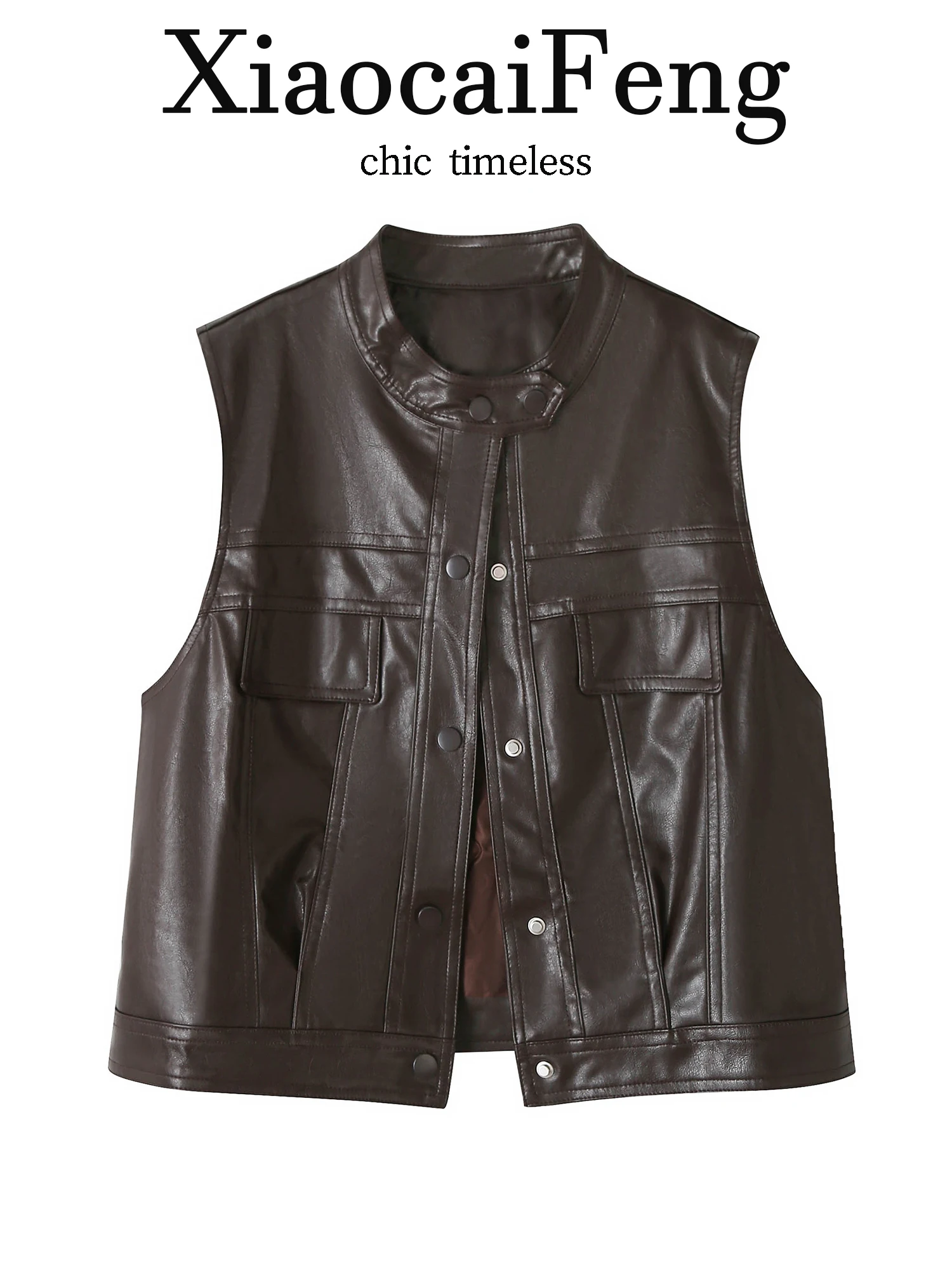 Cool Short Sleeveless PU Leather Vest Women's Fashion Outerwear Biker Jacket Button Decoration Stand Collar Spring Autumn