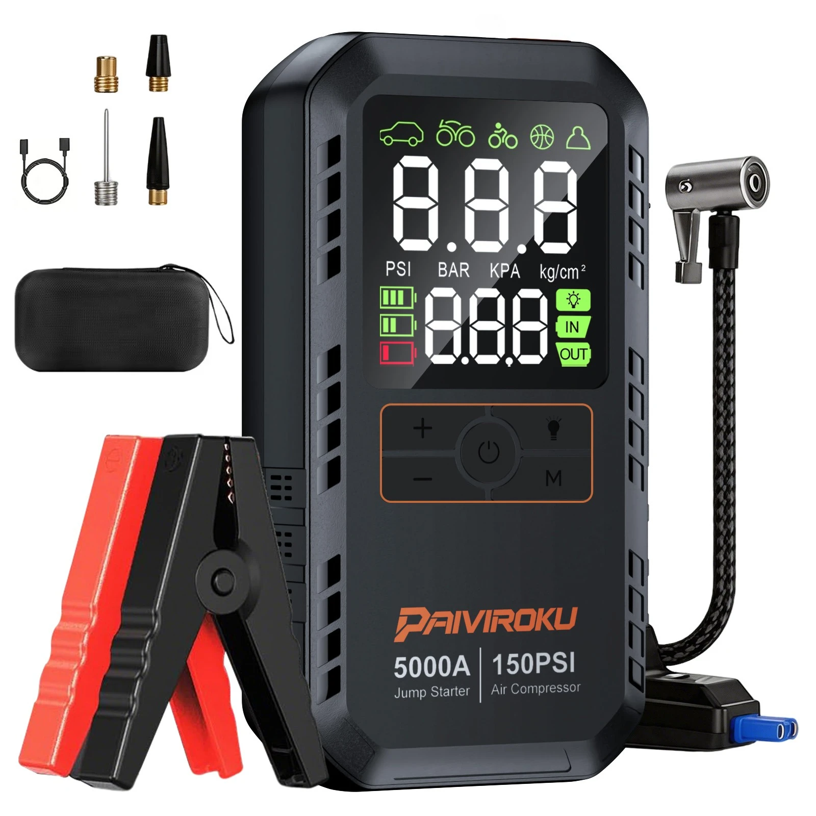 5000A Car Battery Jump Starter with Air Compressor Car Battery Jumper Starter Portable 150PSI Tire Inflator&12V Car Battery Jump