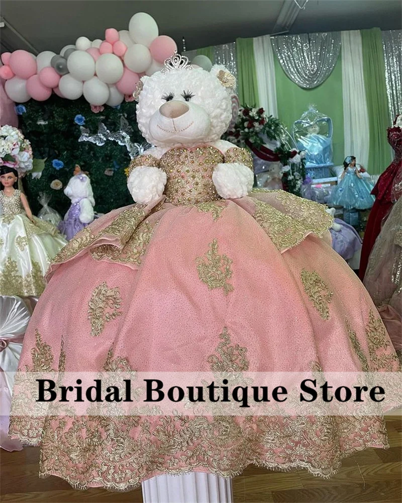 Enlace especial para vestido de oso de peluche, vestido de quinceañera, Apliques de encaje rosa, cristales