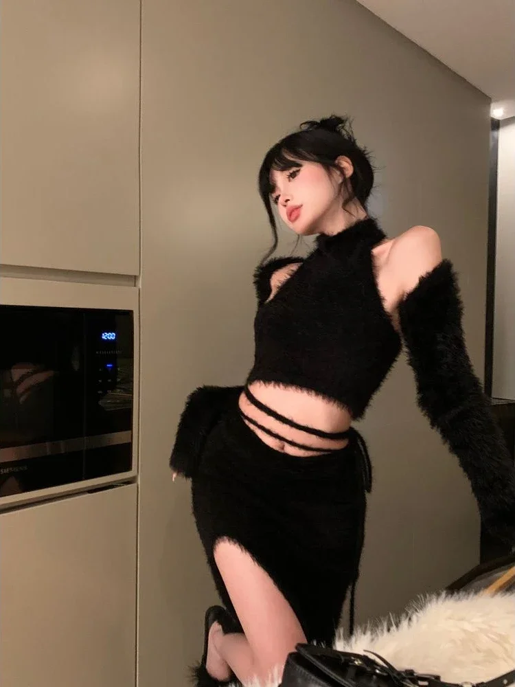 

Three Pieces Set Sweet Y2k Fluffy Cardigans + Vintage Slim Women Grunge Knitted Tanks + Korean Solid Fashion Sexy Split Skirts