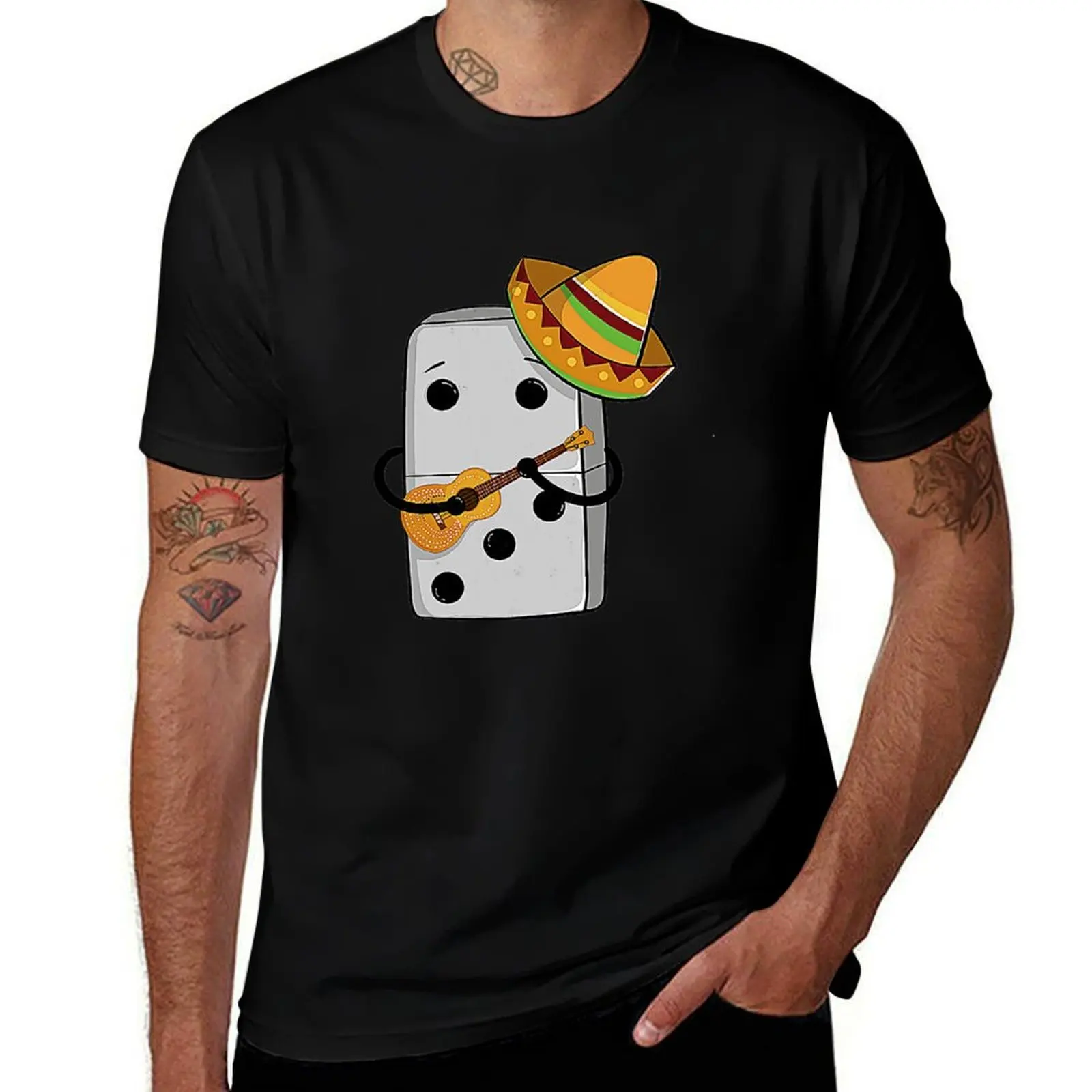 Mexican Train Dominoes Funny With Guitar And Sombrero Print T-Shirt Big Size Simple T-Shirt