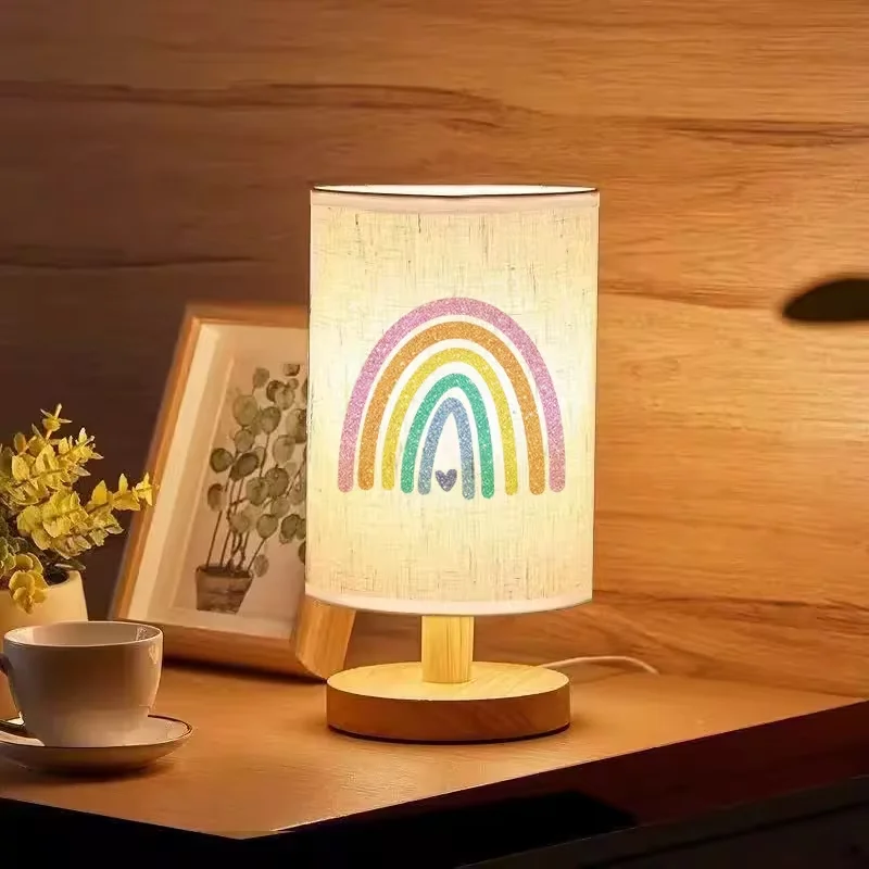 Minimalist Rainbow Linen Shade LED Lamp, Warm Wooden Bedside Light for Home & Office