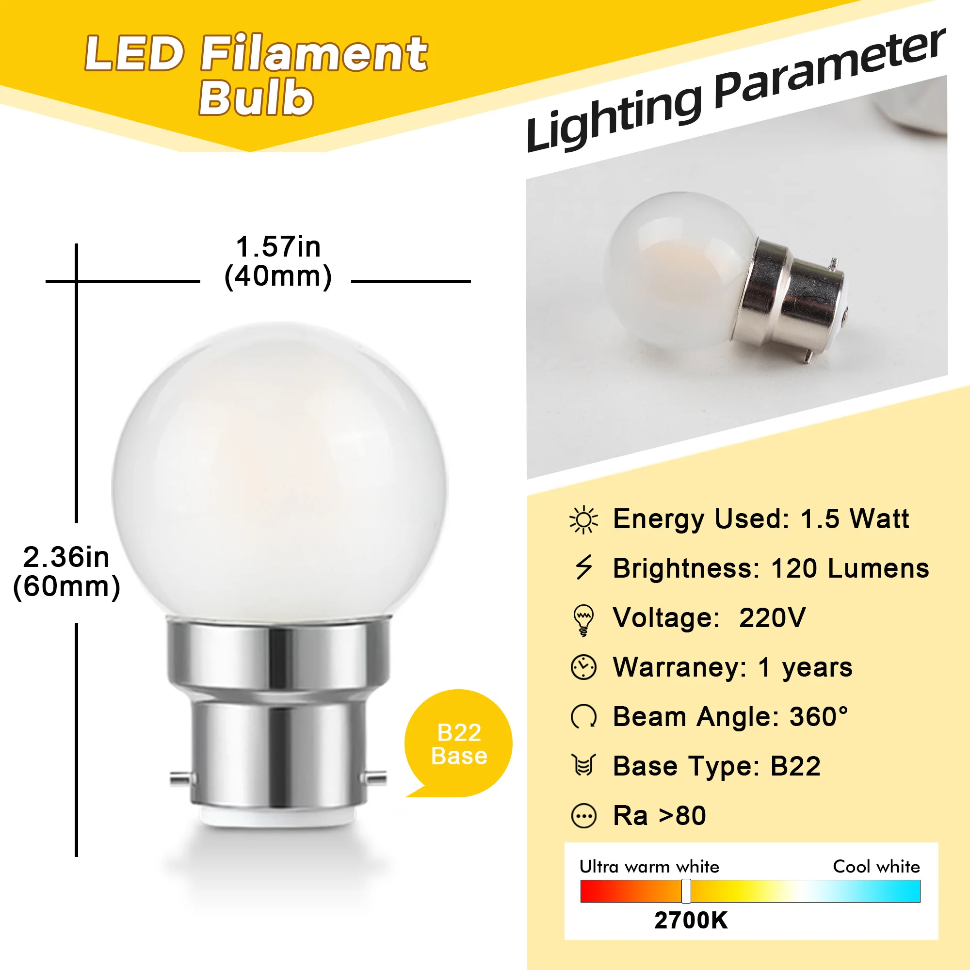 G40 Frosted Globe LED Filament Bulbs B22 1.5W Dimmable