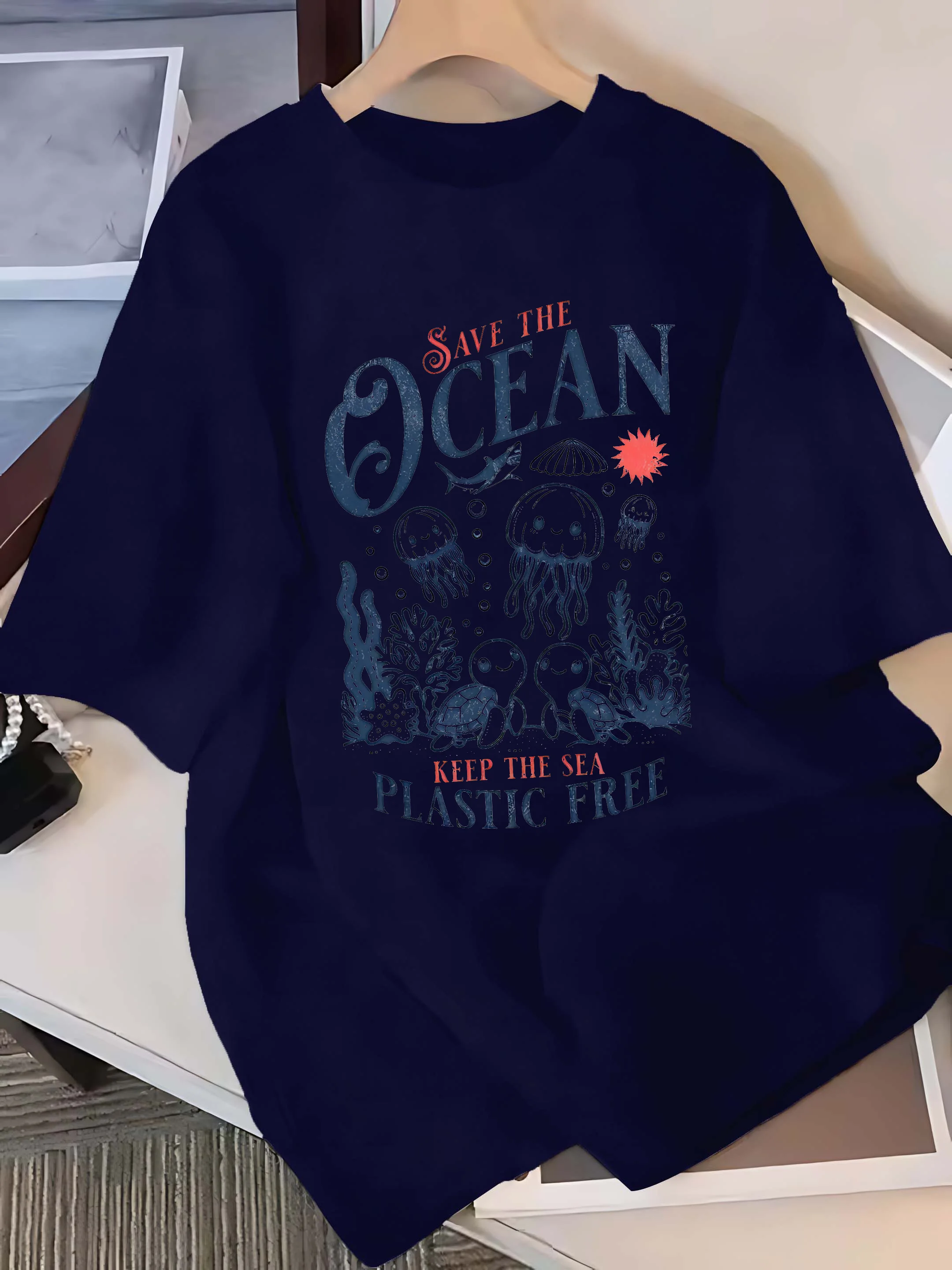 플러스 사이즈 6색 반소매 티셔츠: "SAVE THE OCEAN" 해양 생물 및 플라스틱 - 무료 그래픽