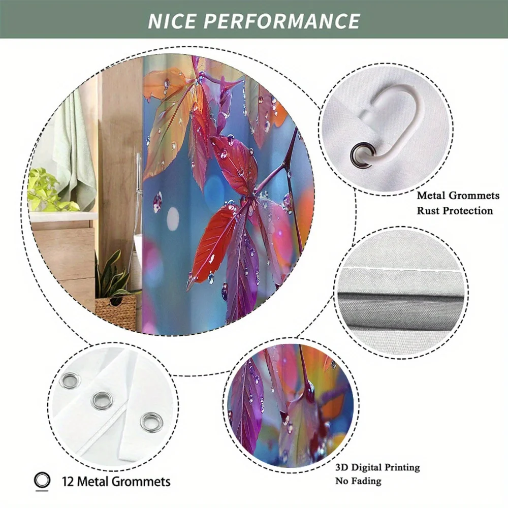 ستارة دش بأوراق الندى النابضة بالحياة - فن طبيعي ملون لديكور الحمام الحديث، تصميم مقاوم للماء وسهل العناية #5