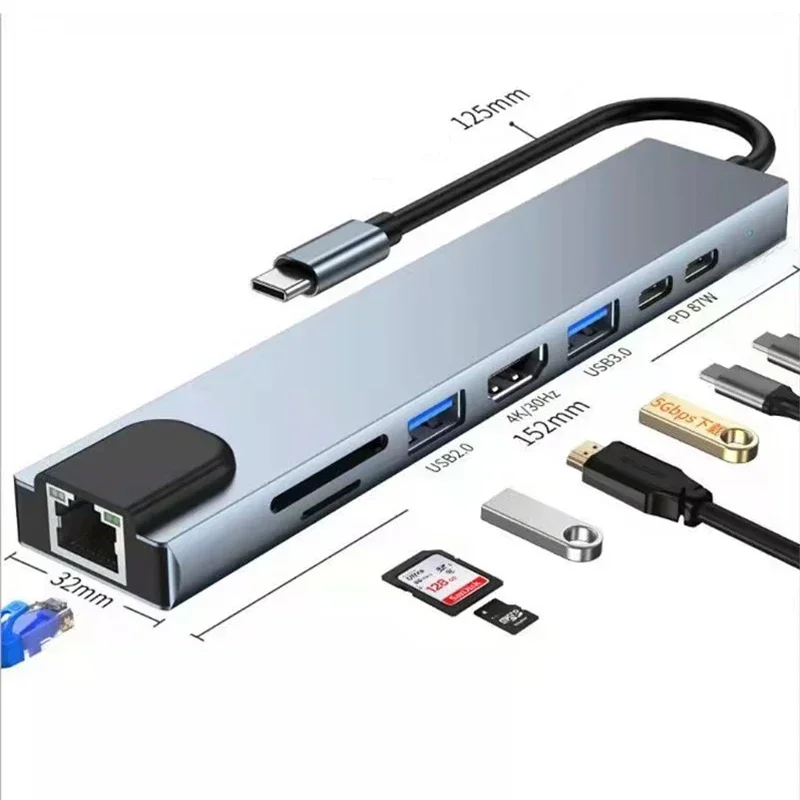 

Удлинитель типа C 8 в 1 USB-концентратор с HDMI-конвертером для ноутбука USB C в USB 3.0 2.0 Диск Ethernet-кабель OTG Устройство чтения карт Зарядная док-станция