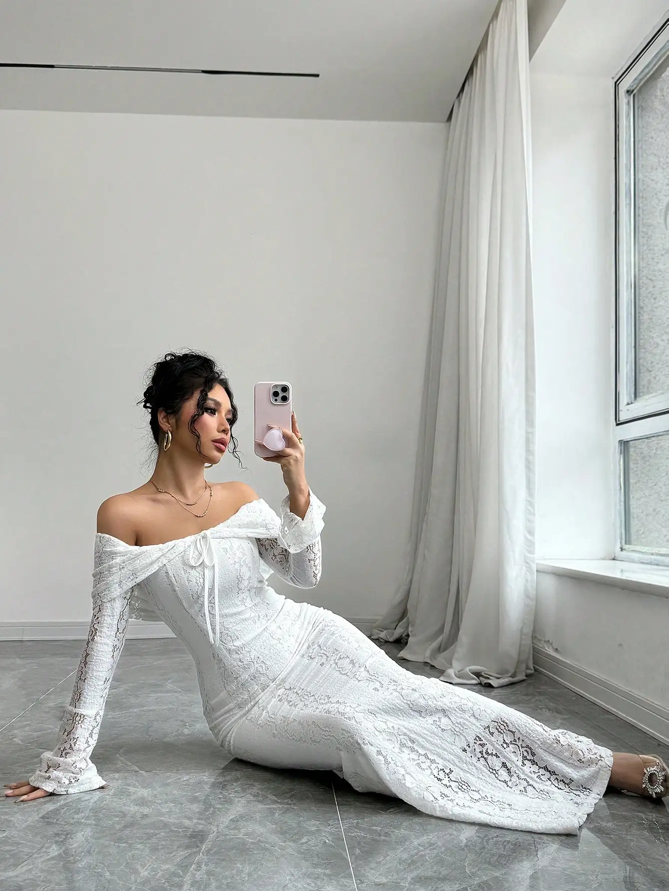 Vestido midi bodycon de renda branca fora do ombro, vestido maxi feminino, pano de outono para mulheres