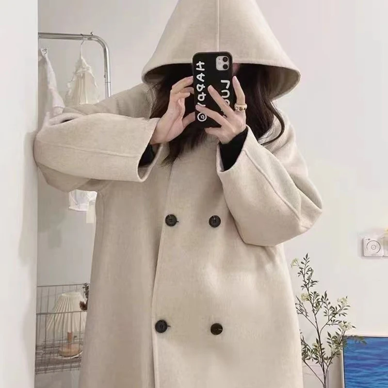 Winter Hooded Double Sided Pure Wool Woolen Outerwear Casual Long Sleeves Coat Women Lapel Double-breasted Loose Long Overcoat