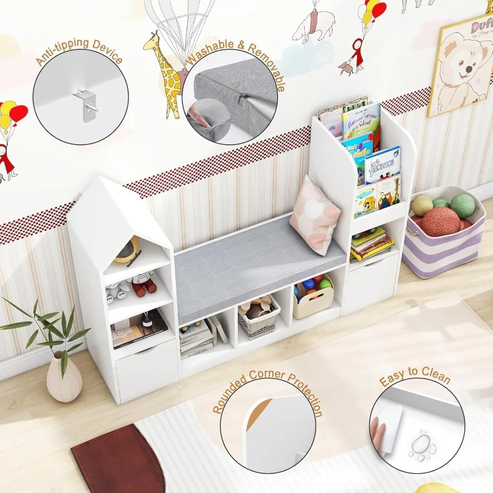 Libreria e libreria per bambini con angolo di lettura, libreria multifunzionale con 7 armadietti e 2 cassetti mobili,