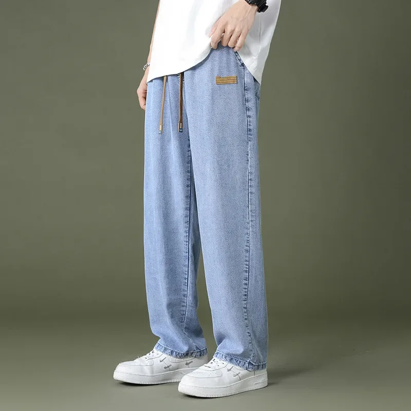 

Japanese Style Men Fashion Tencel Jeans for Young People, New Style Super Thin Loose and Drapey Straight Tube Trousers in Summer