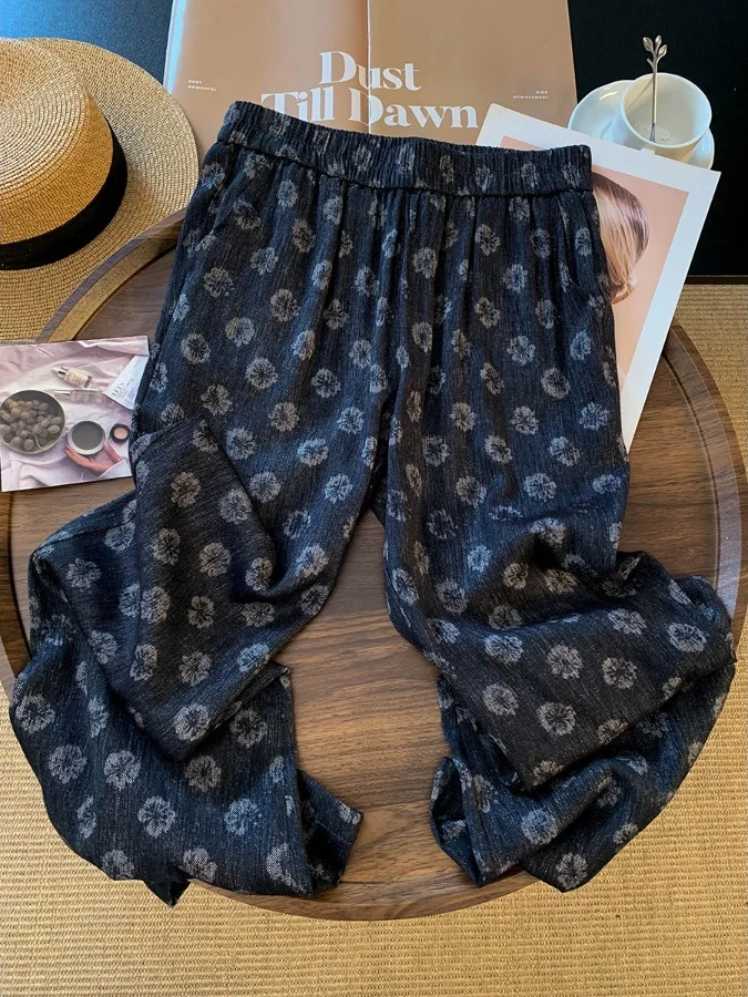 High Waist Straight Leg Floral Gradient Dyeing Linen Blend Wide Leg Pants Women's Summer Casual Trousers Comfortable Breathable
