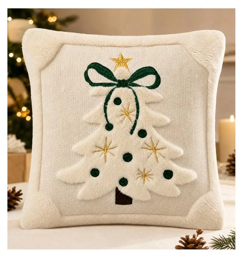 Weihnachts-Kissenbezug Cojines Grün Beige Plüsch Weihnachtsbaum Bestickter Kissenbezug Feiertags-Sofadekoration Kissenbezüge – Detail 6