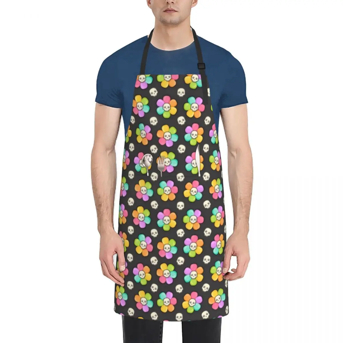 Sweet skulls flowers Apron Men's Kitchen with personal logo Chef Uniform For Men Customizable Woman Apron