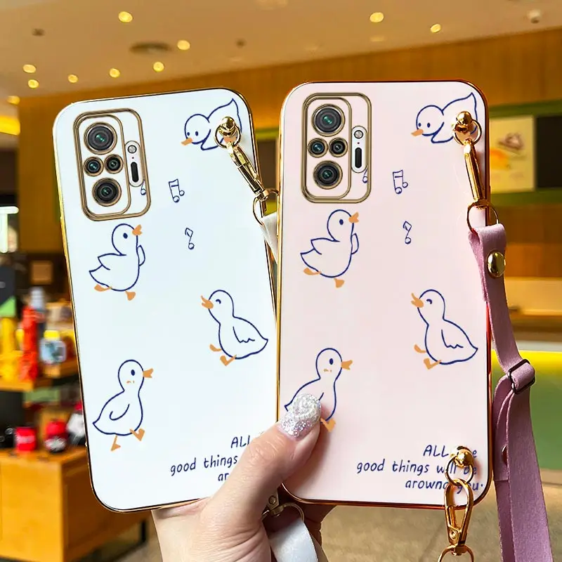 Singing Duck Lanyard Plating Phone Case For Xiaomi Redmi Note 10Pro 10T 10 10S 11S 11E 11Pro 12S 11T 11 11TPro 12Pro 12R Cover