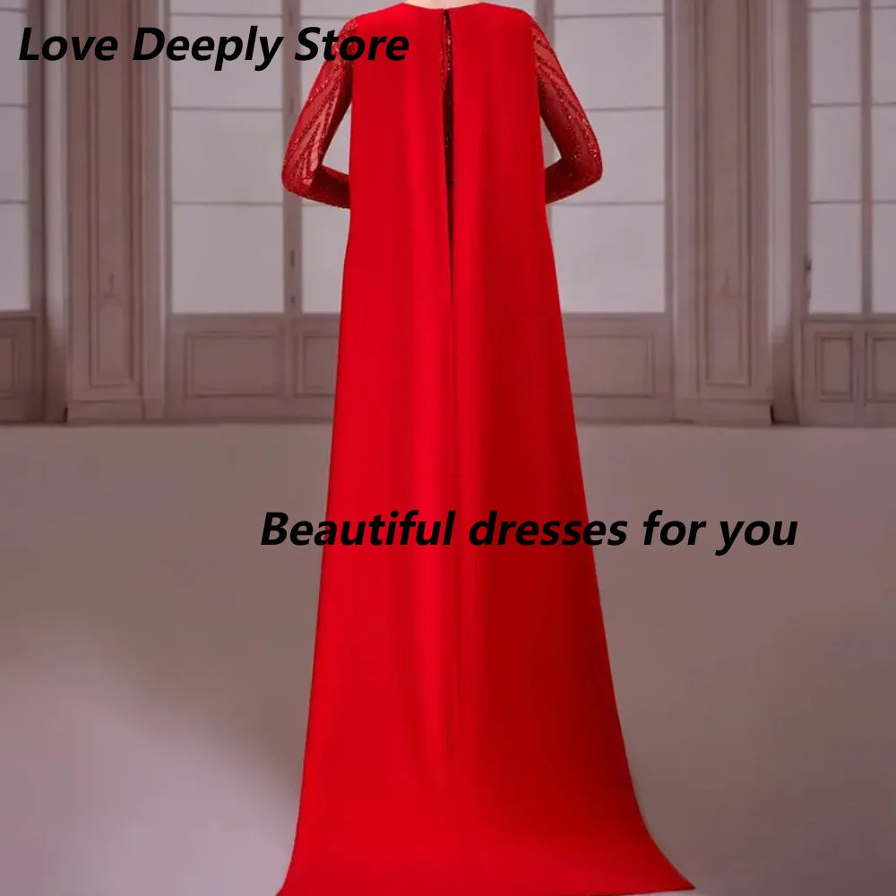 Customized Bright Red Crepe Mother Of The Bride Gown Long Sheer Beaded Sleeve Cape Train High Neck Wedding Guest Evening Dress
