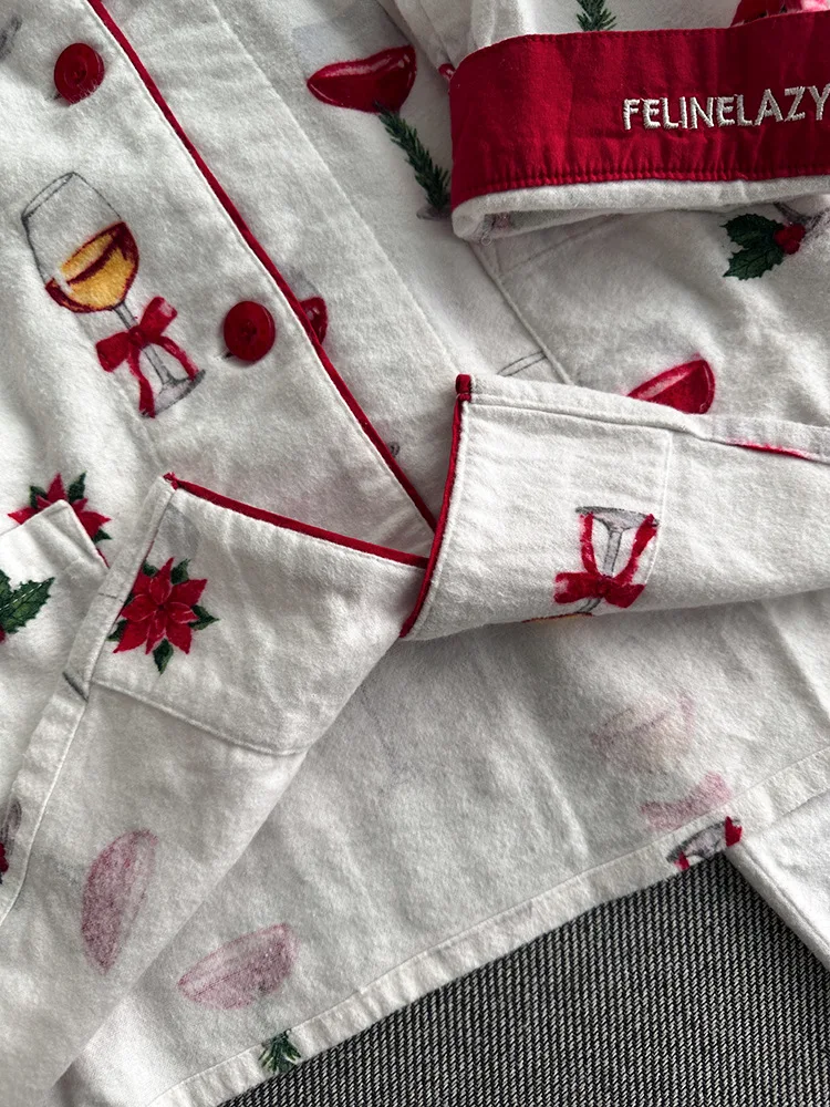 Damen Niedlicher Cartoon-Druck 100% Baumwolle Gebürstetes Pyjama-Set Frühling Herbst Langarm-Oberteil Lange Hose 2-teilig Loungewear Homewear – Detail 24
