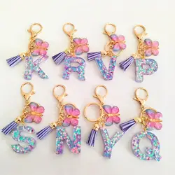 Butterfly Initial Letter Keychain Pendant Exquisite Backpack School Bag Decoration Purple Alphabet Keychain for Girls Women
