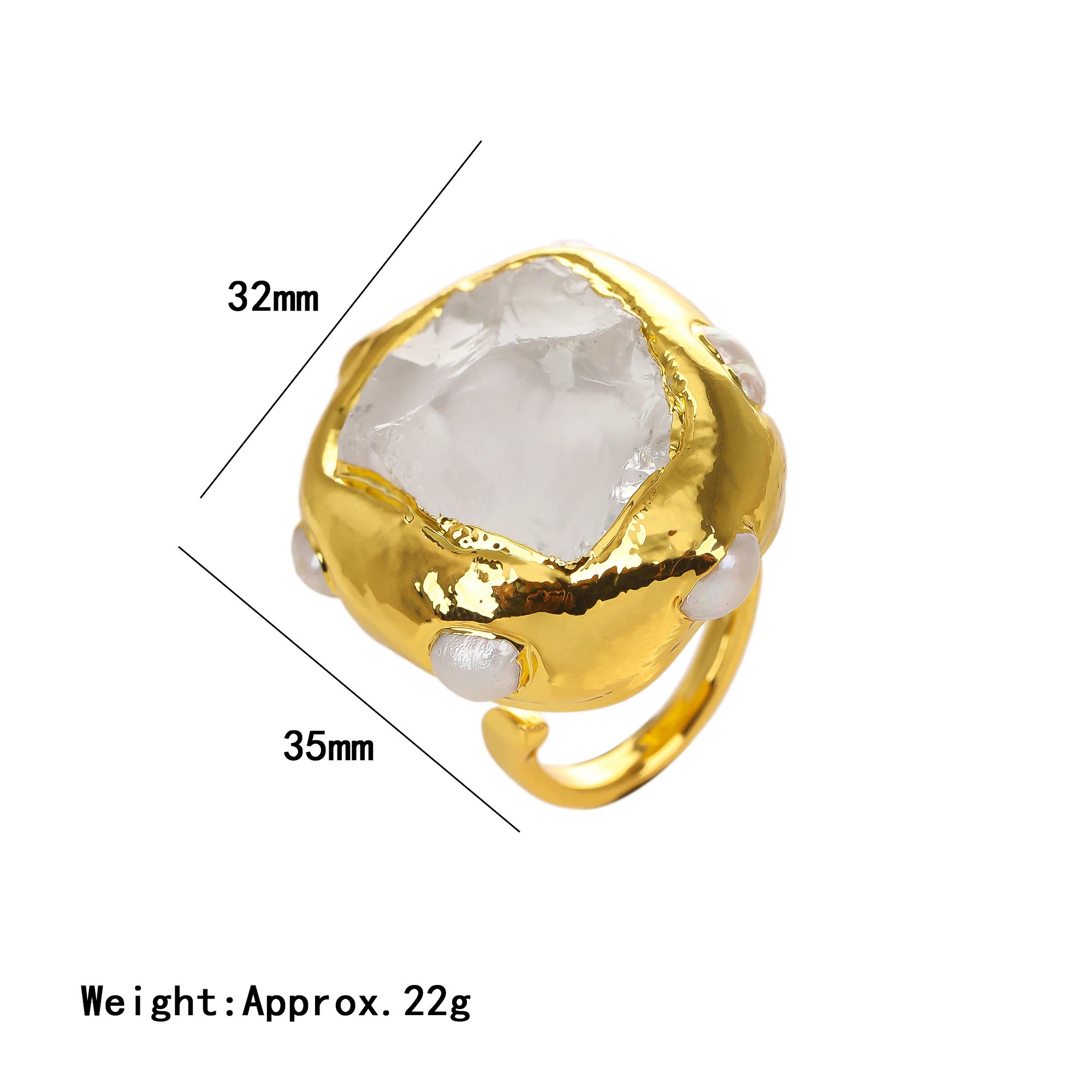 

Natural Clear Quartz Ring with Freshwater Pearl Inlay Resizable Bezel Setting 18K Gold Plating Fashionable Trendy Style