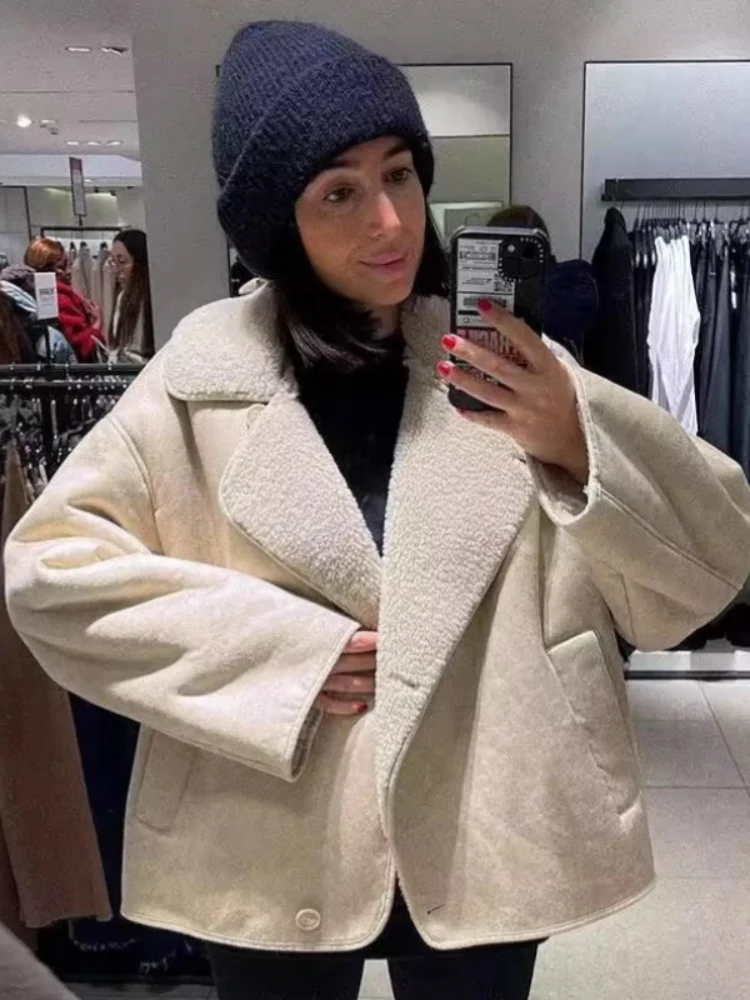 Camurça sólida forro de pelúcia jaqueta feminina casual manga cheia lapela com decote em v botão solto jaquetas curtas 2026 senhora inverno rua outwear