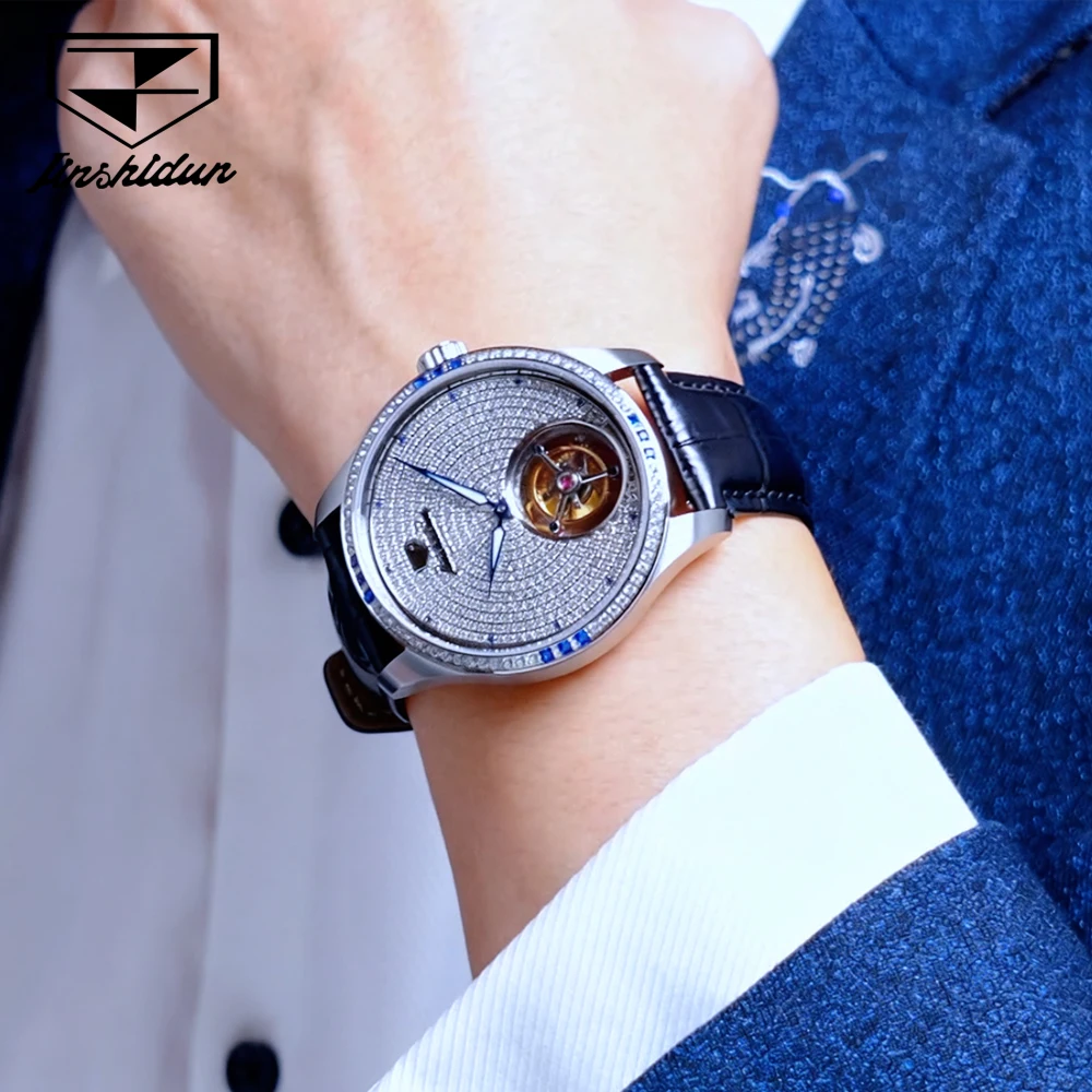 JSDUN Top Brand Men's Watches Luxury Fashion Leather Strap Self-winding Tourbillon Automatic Mechanical Wristwatch Sapphire 832