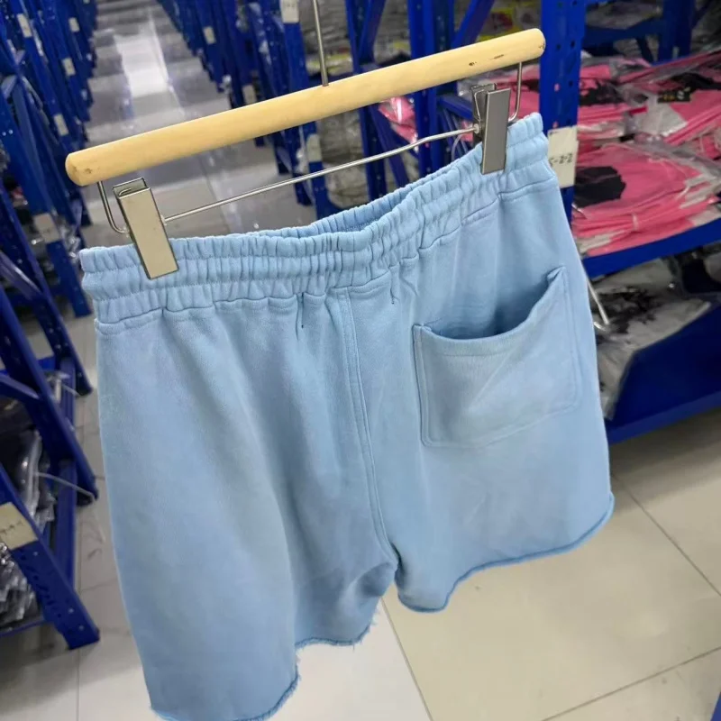 Men Washed Light Blue Sweat Shorts PALY Rhinestone Gothic Print Raw Hem Streetwear Casual Pants
