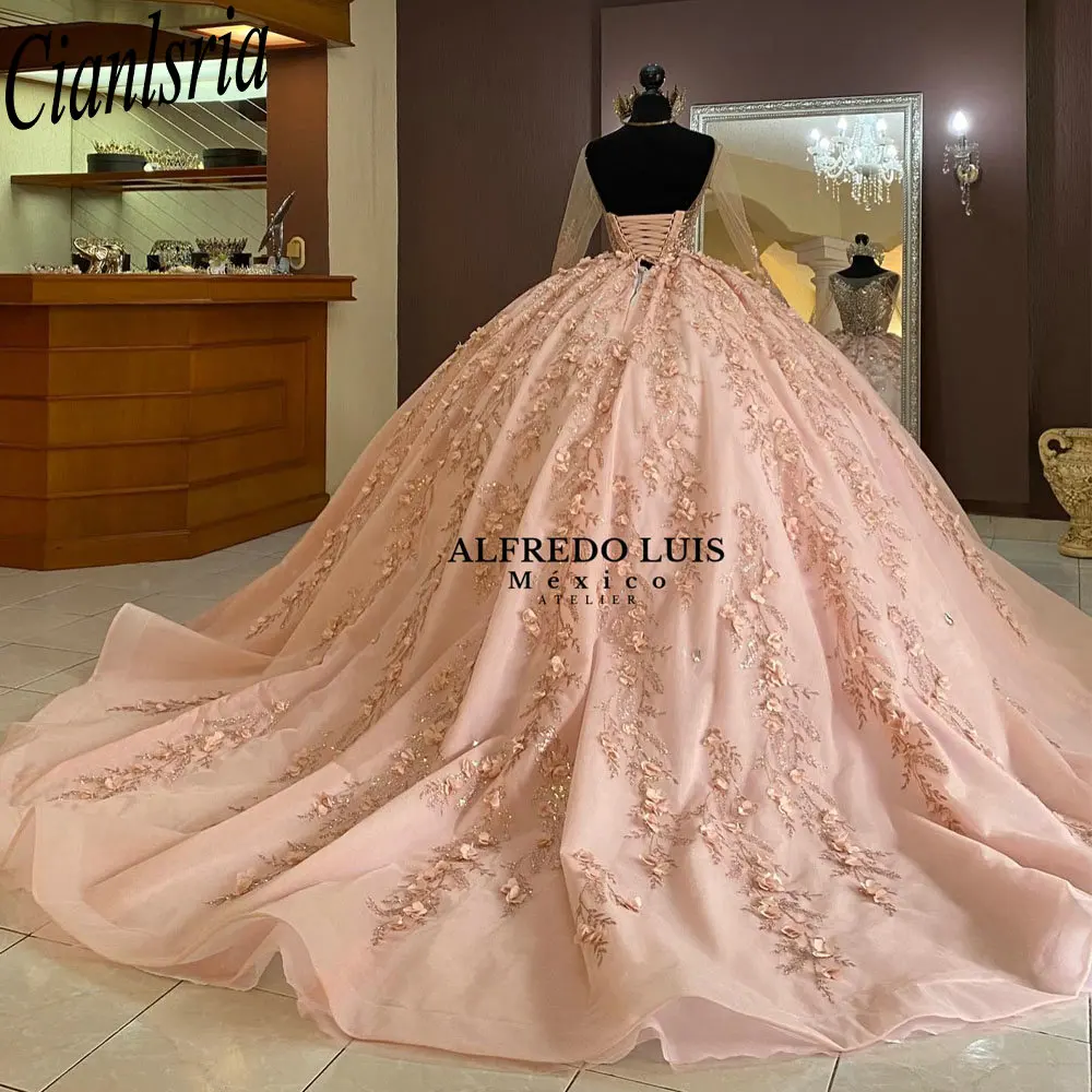 Pink Illusion Long Sleeve Beading Crystal Quinceanera Dresses Ball Gown 3D Flowers Appliques Lace Sweet 15 Birthday Party image 2