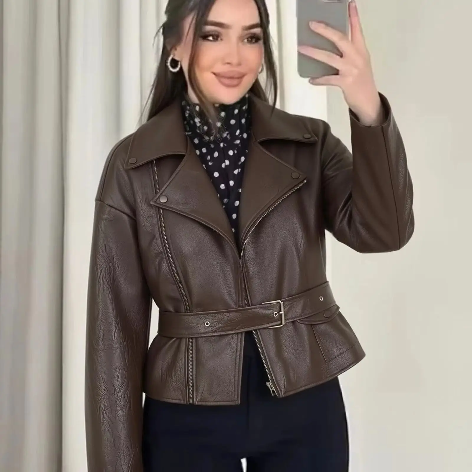 Women's Vintage Leather Short Jacket Chic Long-Sleeved Lace-Up Loose Coat Autumn Winter High Street Casual Outerwear
