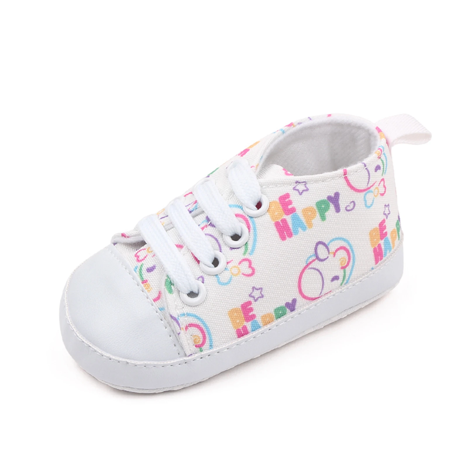 BeQeuewll Baby Boys Girls Crib Shoes Cartoon Print Tie-Up Sneakers Non-Slip Infant First Walkers For 0-18 Months