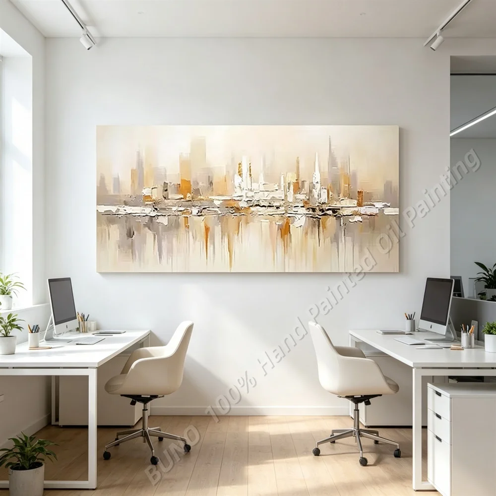 Hand Painted Abstract Oil Painting Original Cityscape Skyline Textured Canvas Wall Art Home Office Living Room Bedroom Decor