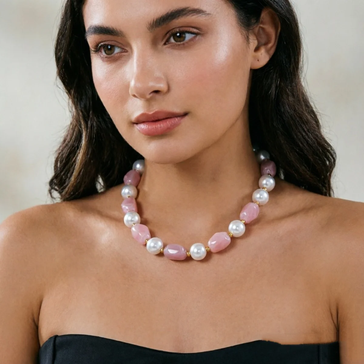 Französische sanfte barocke Halskette mit simulierten Perlen aus rosa Harz für Damen und Herren, elegante, süße, unregelmäßige Perlen, Choker-Schmuck, Geschenk – Detail 18