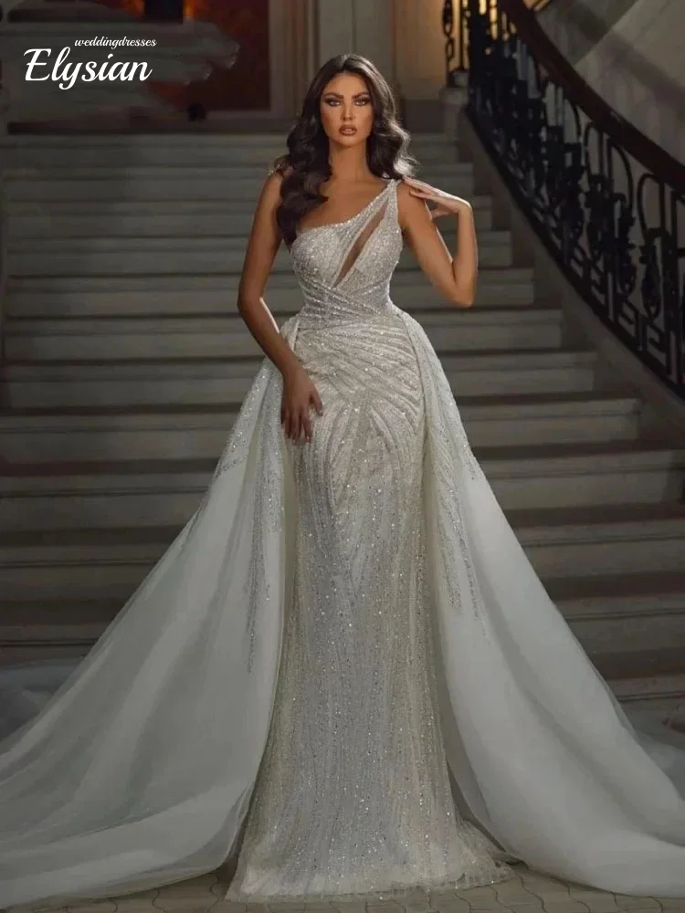 

Customized Elegant Mermaid Sparkly Sequins Bead Wedding Gown One Shoulder Bridal Dress Bride Robe Vestido De Novia