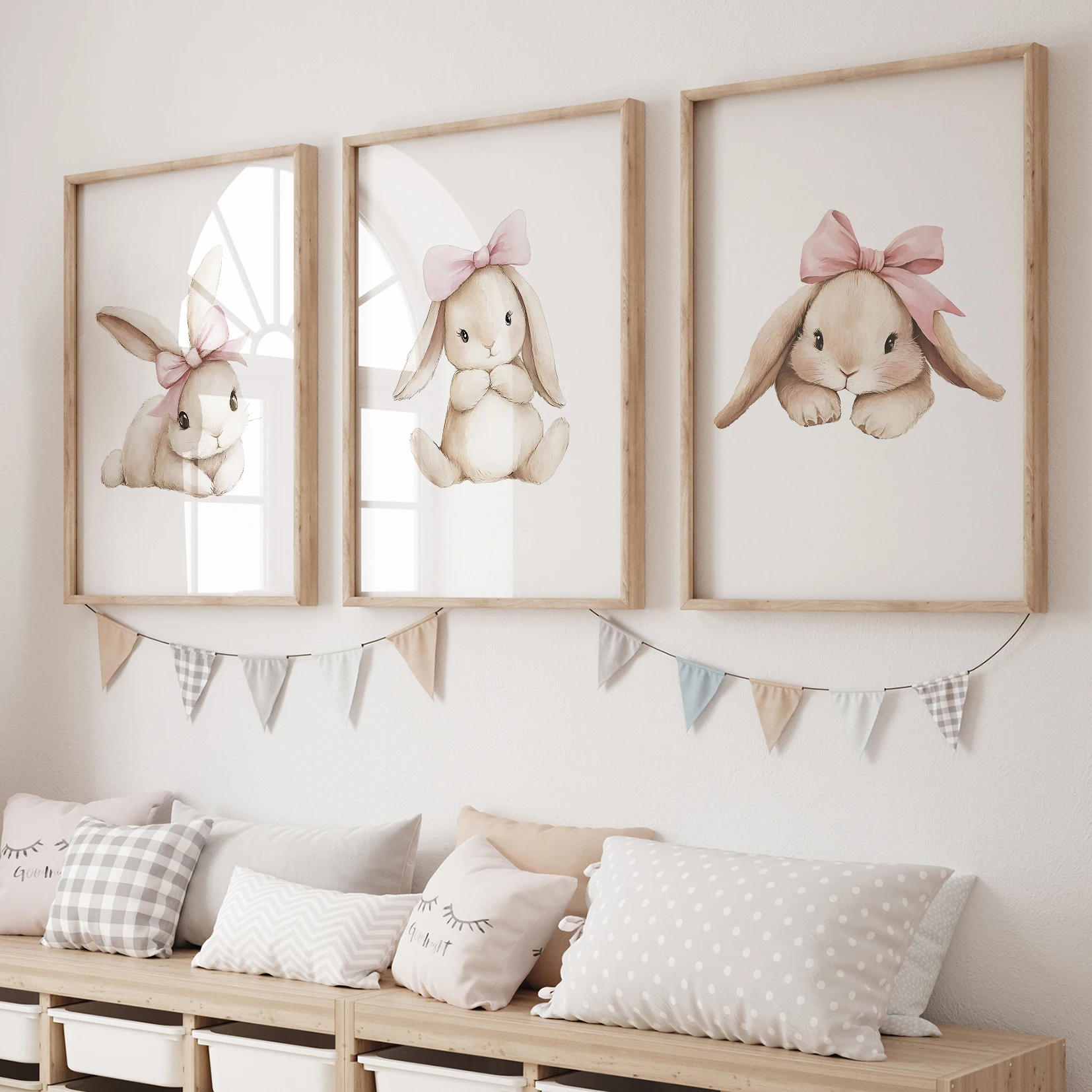 3 stücke Cartoon Kinder Rosa Schleife Kaninchen Wand Kunstdrucke Leinwand Malerei Poster Bild Für Wohnzimmer Wohnkultur