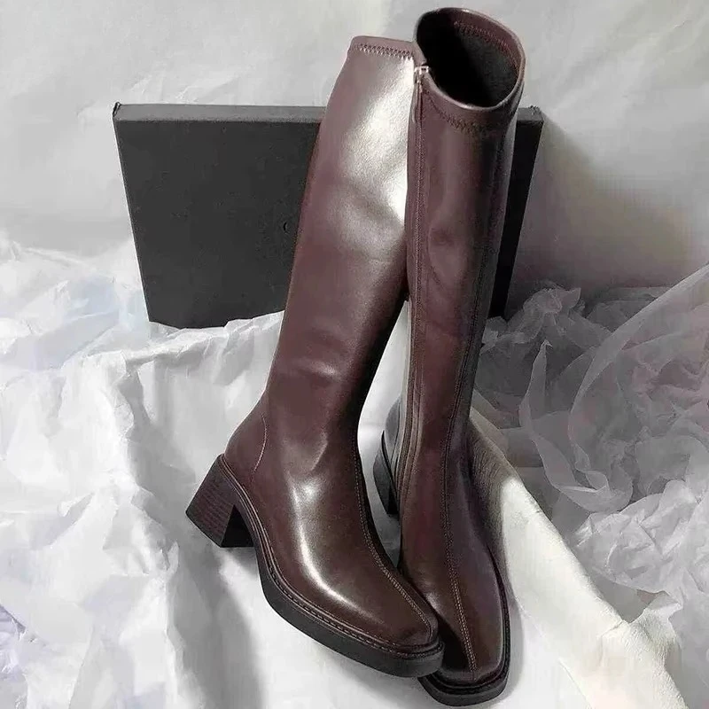 

Vintage Thick Heel Women Knee High Boots Fashion Side Zippers Shoes Autumn Winter Ladies Concise Long Botas De Mujer