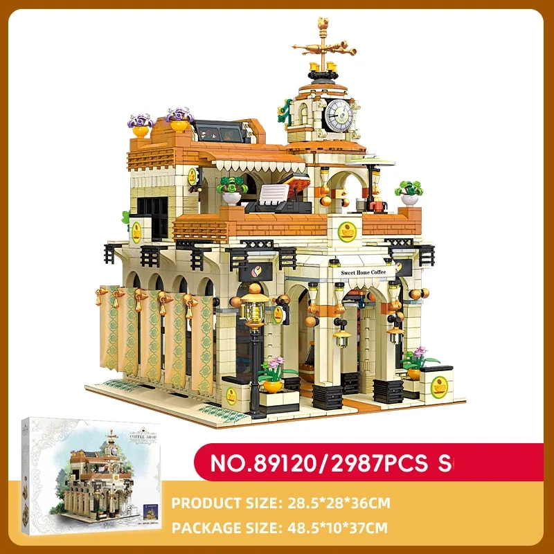 2987PCS Vintage Cafe Building Blocks European Style Coffee Shop Model Bricks Set With Light Desktop Deco Kids DIY Holiday Gifts