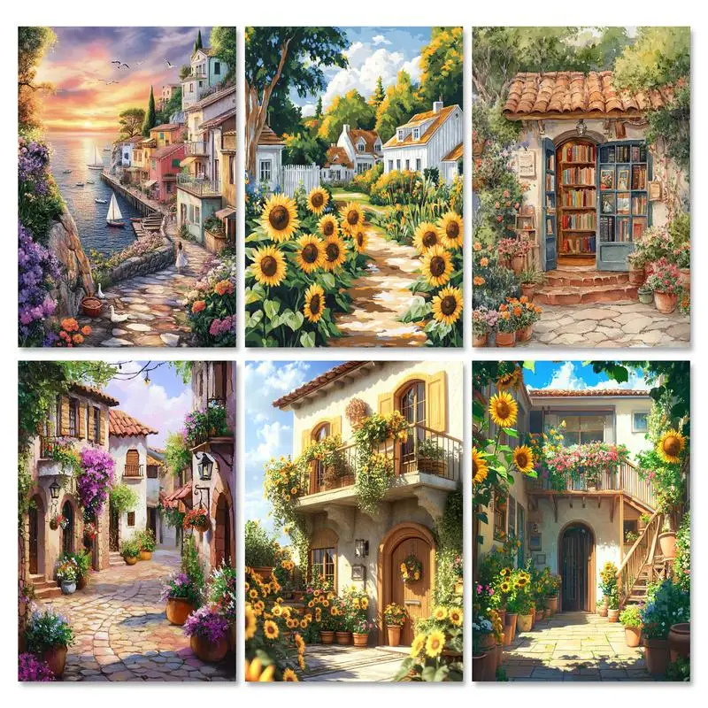 

RUOPOTY Frame Diy Painting By Numbers For Adults Kits Illustration Landscape Flowers House Drawing Picture By Numbers Starter Ki