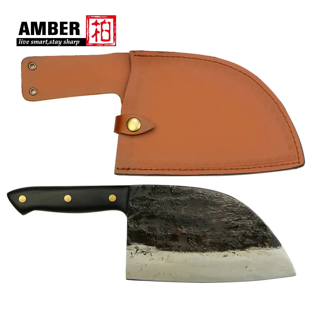 Amber Full Tang Handmade Kitchen Butcher Knife High Carbon 5Cr15MoV Steel Cleaver Filleting Knife with Cover Sheath wood handle