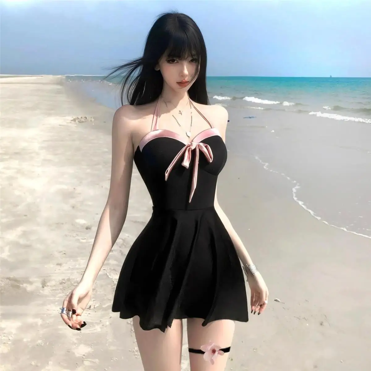 American style hot girl trend slim fit one-piece dress swimsuit Japanese Harajuku style Y2K women's strap contrasting swimsuit