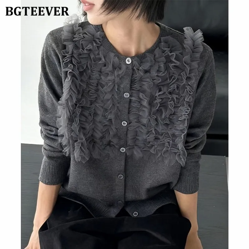 BGTEEVER Women’s Knitted Cardigan for Spring Autumn Mesh Patchwork and Lettuce-Edge Trim Sweater Jacket