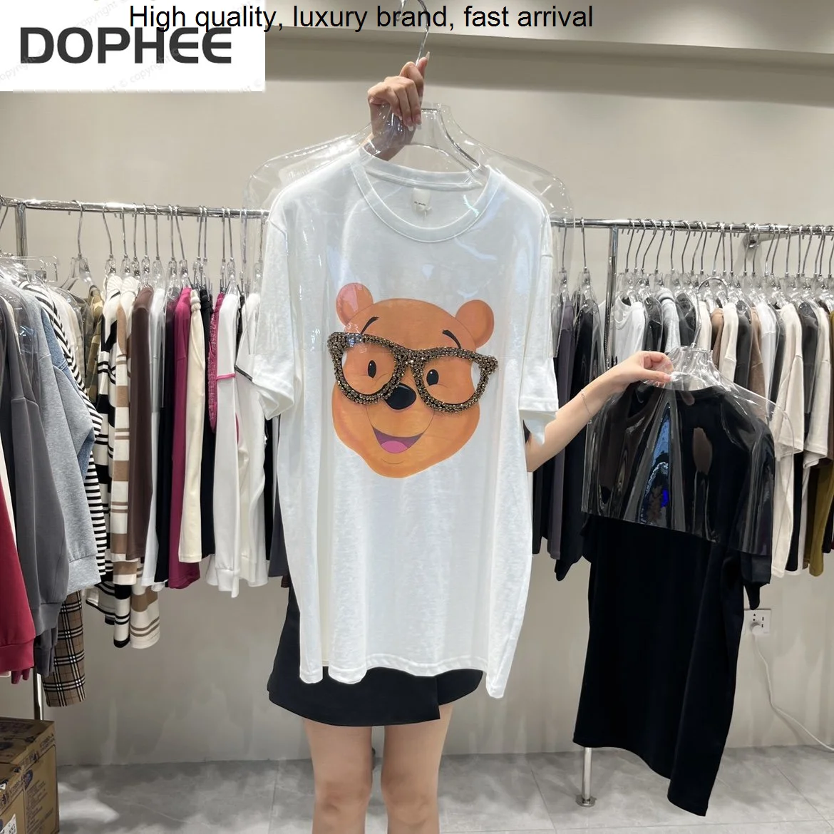 

Fashion New Autumn Short Sleeve T-shirt for Women Mid-long Loose Pullover Top O-neck Diamond Cartoon Cute Age Reduction Tees